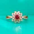 wholesale S925 Sterling Silver Champagne Gold Plated Colorful Red Moissanite Flower Ring for Women, Micro-Paved Setting, Closed Shank-0-0