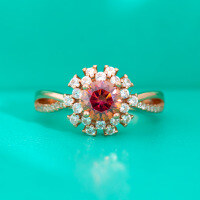 wholesale S925 Sterling Silver Champagne Gold Plated Colorful Red Moissanite Flower Ring for Women, Micro-Paved Setting, Closed Shank-1 carat (zircon) ring  US size 8