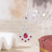 wholesale S925 sterling silver full-body simulated pigeon blood ruby and fully diamond-encrusted dress pendant necklace-Ruby Skirt Pendant Necklace>S925 Silver Gold Plated