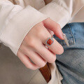 wholesale S925 Sterling Silver Vintage Distressed Unique Cube Design with Inlaid Southern Red Agate Open Adjustable Index Finger Ring for Women-0-3