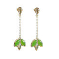wholesale 925 Sterling Silver with Hetian Jasper Green Jade Long Leaf Earrings-0-4