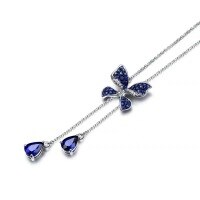wholesale Metal material, Chao Xiaobai lightweight luxury blue sapphire butterfly necklace for women, fashionable and versatile high-end sensedesign tassel neck chain-xb770-white gold blue