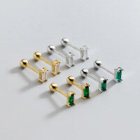 wholesale S925 Sterling Silver Korean Style Minimalist Small Square Diamond Stud Earrings for Pierced Ears Student Geometric Threaded Jewelry G9401-S925 silver green diamond pair silver 925 silver