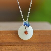 wholesale 925 Sterling Silver with Certificate, New Chinese Style Hetian Jade and Cold Enamel Ruyi Pendant, Ancient Style Jade Peace Buckle Necklace-Silver pendant (without chain)  925 silver