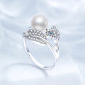 Sterling Silver Moissanite Freshwater Pearl Leaf Open Ring for Women-0-1