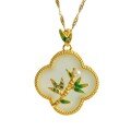 wholesale Sterling Silver Vintage Chinese Style Four-Leaf Clover Pendant with Hetian Jade and Enamel-0-4