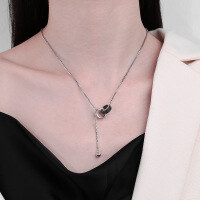 wholesale S925 Sterling Silver Interlocking Circle Black Zircon Inlaid Sphere Tassel Necklace, Punk Style Trendy-412LM/approx. 7.1g 925 silver