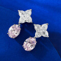 wholesale Metal material first: Imported high-carbon diamond four-leaf clover 11*11mm set with oval pink diamond earrings, lavish style-0-1
