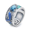 wholesale S925 Sterling Silver Vintage Matte Resin Enamel Hollow-Out Personalized Heart Sutra Lotus Koi Adjustable Ring-0-4