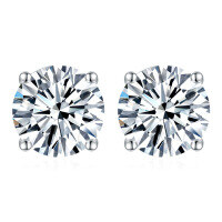 wholesale S925 Sterling Silver Minimalist Korean Style Four-Prong Claw Setting Moissanite Stud Earrings, Internet-Favorite Understated Cool Trend for Women-White Main stone 1ct*2