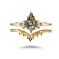 wholesale S925 Silver Japanese-style minimalist designer stacking set ring with black phantom quartz/moss agate-Black Rutilated Quartz Ring Set (Mido)  Size 5