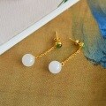 wholesale Sterling Silver with Certificate Hetian Jade Earrings, Minimalist Bead Design, Small Batch Style, National Trend-Inspired, New Chinese-style Dangle Earrings for Women-0-3