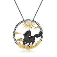 wholesale 925 Silver Chinese Style Zodiac Horse Pendant with Natural Gemstone-African opal pendant (with silver chain)
