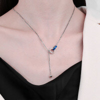 wholesale S925 Sterling Silver Resin Blue Circle Interlocking Lucky Necklace Ins Minimalist Niche Collarbone Chain-416LM/approx. 6.5g 925 silver