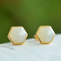 wholesale Gold-plated 925 Sterling Silver Inlaid with Natural Hetian Jade Geometric Hexagon Stud Earrings for Women-Silver 925 silver
