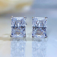 wholesale S925 silver new high-carbon simulated diamond yellow and white diamond earrings, 1 carat rectangular simulated diamond earrings-White>925 silver