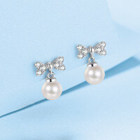 wholesale S925 Sterling Silver Ear Studs Freshwater Pearl Earrings with Moissanite Bow Tie Design for Women, Exquisite and Unique Wholesale-30 points Moissanite 925 silver