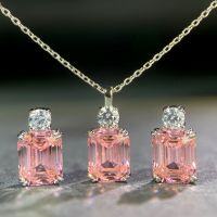 wholesale 925 Sterling Silver Set Chain, Ins Style Simple Non-Tarnishing Emerald Cut Pagoda Pendant Pink Gemstone Necklace Set-White Diamond-XL100 925 Silver