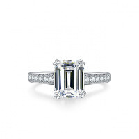 S925 Silver 4ct Emerald-Cut Moissanite Ring, Women's Luxury Rectangular Prong Setting.-Set with D-color moissanite (4 carats)  US No. 5