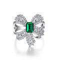 wholesale Sterling Silver New Bowknot 1ct 5*7 Emerald Lab Grown with Luxuriously Paved Diamond Ring-0-5
