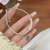 wholesale S925 Sterling Silver Breeze Crushed Silver Freshwater Pearl Bracelet for Women, Aquamarine Jadeite Butterfly Luxury Exquisite Hand String-Jade Butterfly Pearl Bracelet / Approx. 2.5g &gt;SL011388 Sterling Silver