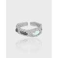 wholesale S925 Sterling Silver Korean Version INS Niche Design Micro-Paved Zircon Moonstone Textured Adjustable Ring for Women-0-0