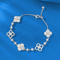 wholesale S925 Silver Jewelry Live New Mother-of-Pearl Four-Leaf Clover Bracelet Versatile Adjustable High-End-B196 White Mother-of-pearl Bracelet>925 Silver