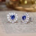 wholesale Metal Material: Autumn New Retro Lab-Grown Sapphire Heart Earrings, Heart-Shaped Surround Set with Zirconia Women's Earrings-0-2