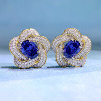 wholesale new flower earrings design set with 6*8 sapphire in a vintage style, available for dropshipping Place the metal material at the front-E009 Blue Diamond>925 Silver