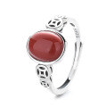 wholesale S925 Sterling Silver Retro Antique Coin Red Agate Blood Amber Stone Chinese Vintage Style Trendy Adjustable Ring for Women-0-5