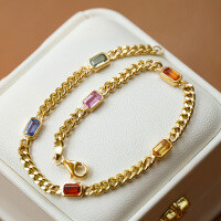 wholesale S925 sterling silver full-body square sugar bracelet for women with colorful square stones, trendy and stylish elegant bracelet-BS0238-Gold>925 Silver