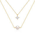 wholesale S925 Sterling Silver Double Layer Four-Prong Diamond-Pearl Necklace,Ins-0-5