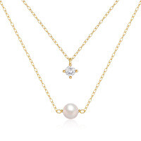 wholesale S925 Sterling Silver Double Layer Four-prong Zircon-pearl Necklace,ins-Gold 925 silver