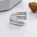 wholesale S925 Sterling Silver Retro Feather Design Open Adjustable Ring, Bold and Unique Unisex Trendy Finger Ring-0-2