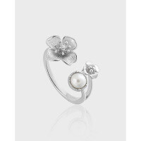 wholesale S925 Sterling Silver Korean Minimalist Style Niche Personalized Elegant Micro-set Zirconia Pearl Flower Ring for Women-Platinum [No. 14/Adjustable] Opening adjustable
