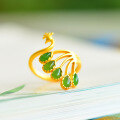 wholesale Sterling Silver with Certificate, New Chinese Style Palace Vintage Gold Phoenix Inlaid Jade Openable Women's Ring, Hetian Jasper Ring-0-1