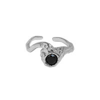 wholesale S925 Sterling Silver Korean Version Ins Niche Design Irregular Surface Micro-Set Zirconia Textured Open Ring-Platinum [Black Stone] Opening adjustable