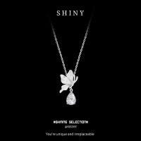 Metal Spring Butterfly Zircon Teardrop Pendant Necklace-S925 Sterling Silver + Zircon  925 Silver