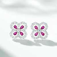 S925 Silver Zirconia Four-Leaf Clover Stud Earrings, High-Carbon Diamond, Ins Style-Rose Red Diamond - ED004  925 Silver