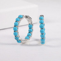 wholesale 925 Silver European-style Zircon Cultured Ruby Synthetic Turquoise Hoop Earrings Fashionable and Unique Gemstone Earrings-Synthetic Turquoise Earrings>925 Silver