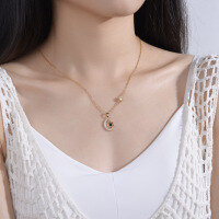 wholesale Metal material European and American hit obsidian star moon necklace sun moon asymmetrical earrings for women, niche high-end retro luxury jewelry-xb210--Star Moon Necklace (Gold)