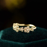 wholesale S925 red elk full-body ring for women, small floral design, niche, lightweight luxury, delicate band, daily pinky ring, cute and unique, versatile-BZ0220-Gold US Size 8