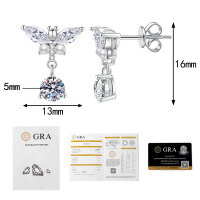 S925 Sterling Silver Moissanite Mini Pearl Butterfly Earrings, Luxury Wholesale.-50 points + 50 points Moissanite  925 Silver