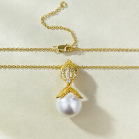 wholesale S925 Gold-Plated French Romantic Gold Leaf 12mm Pearl Pendant Neo-Vintage Necklace for Women-N380 Gold Leaf Pearl Necklace 925 Silver