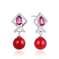 wholesale S925 Silver Red Festive Shell Pearl Earrings Korean Simple Zircon Ear Drops for Women Ethnic Style Diamond-Studded Ear Studs-0-4