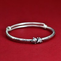 wholesale 999 Silver Lucky Cat Auspicious Cloud Bracelet for Women, Pure Silver New Chinese-style Youthful Adjustable Antique Artisan Bangle-Bracelet (1000091) Pure Silver