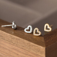 wholesale S925 Sterling Silver Sweetheart Stud Earrings with Diamond Accents and Hollow-Out Heart Design, Dainty and Fresh Style M04124-S925 silver pair silver 925 silver