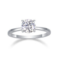 Rhodium-Plated 925 Sterling Silver Four-Prong Moissanite Ring, Dainty Closed Band-6.5mm/1 carat moissanite/S925 sterling silver  US size 5