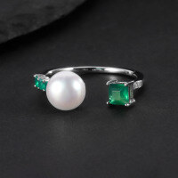 wholesale S925 Sterling Silver Natural Freshwater Pearl Ring for Women, Adjustable Opening, Fashionable and Lightly Luxurious Natural Green Agate Ring-Natural freshwater pearls + white zirconium  Adjustable opening