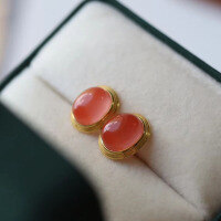 wholesale S925 Silver Inlaid Natural Sichuan Material Cherry Red Southern Red Egg-Surface Stud Earrings Southern Red Ear Accessories-Natural cherry red earrings
